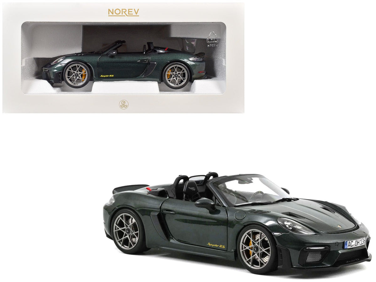 2023 Porsche 718 Spyder RS Weissach Pack Forest Green Metallic with Carbon Hood Stripes 1/18 Diecast Model Car by Norev-Norev-ModelCars.com