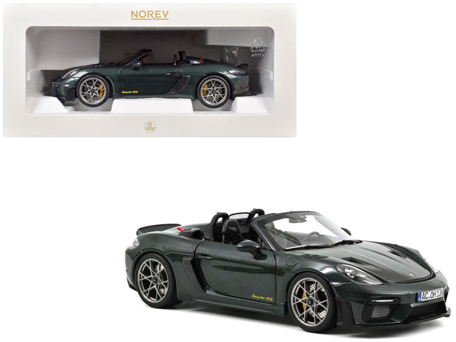2023 Porsche 718 Spyder RS Weissach Pack Forest Green Metallic with Carbon Hood Stripes 1/18 Diecast Model Car by Norev-Norev-ModelCars.com