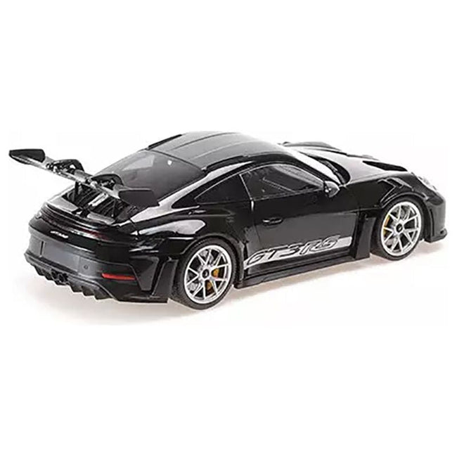 2023 Porsche 911 (992) GT3 RS Black with Carbon Top and Hood Stripes Limited Edition to 300 pieces Worldwide 1/18 Diecast Model Car by Minichamps-Minichamps-ModelCars.com