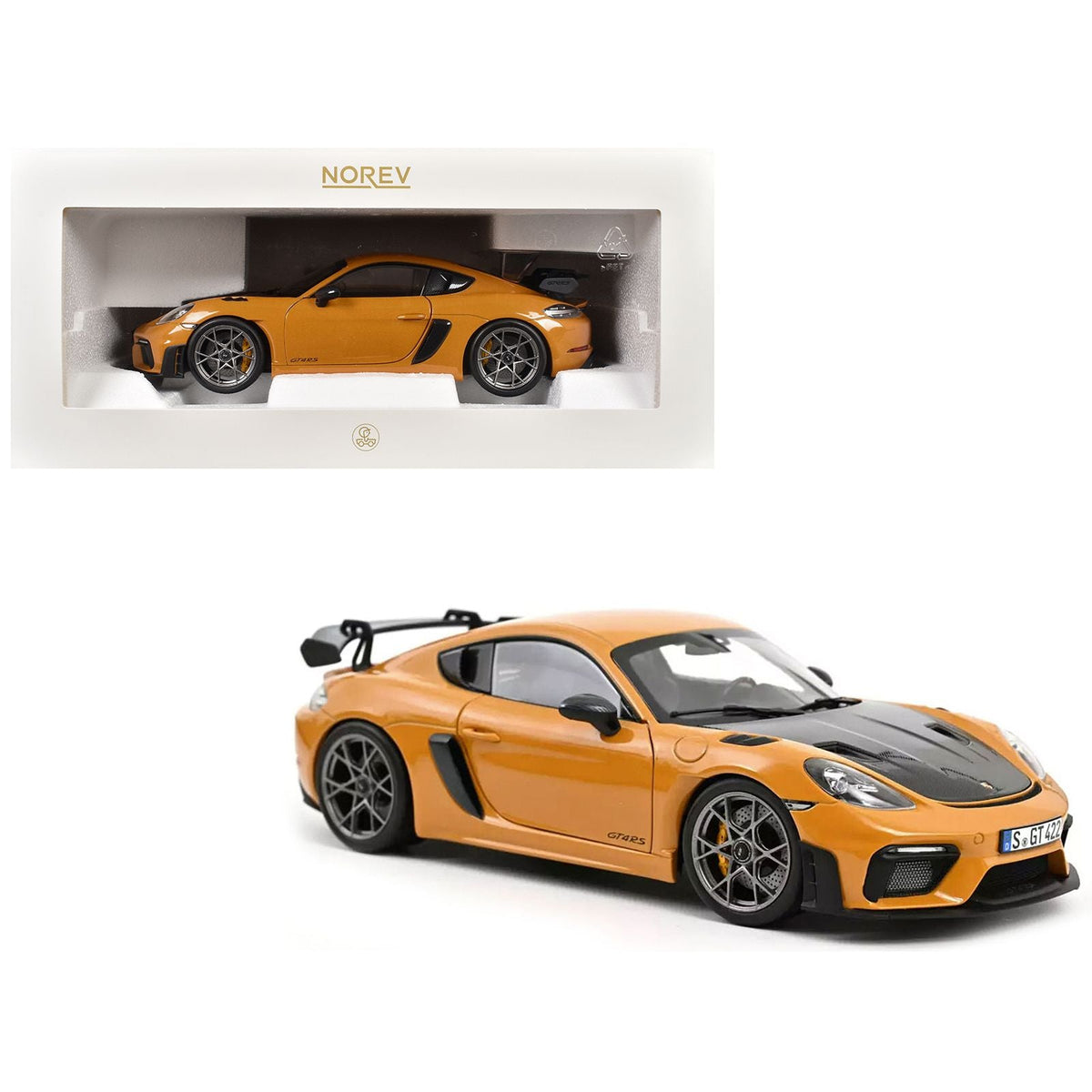 2023 Porsche Cayman GT4 RS Weissach Pack Bahama Yellow with Carbon Hood 1/18 Diecast Model Car by Norev-Norev-ModelCars.com