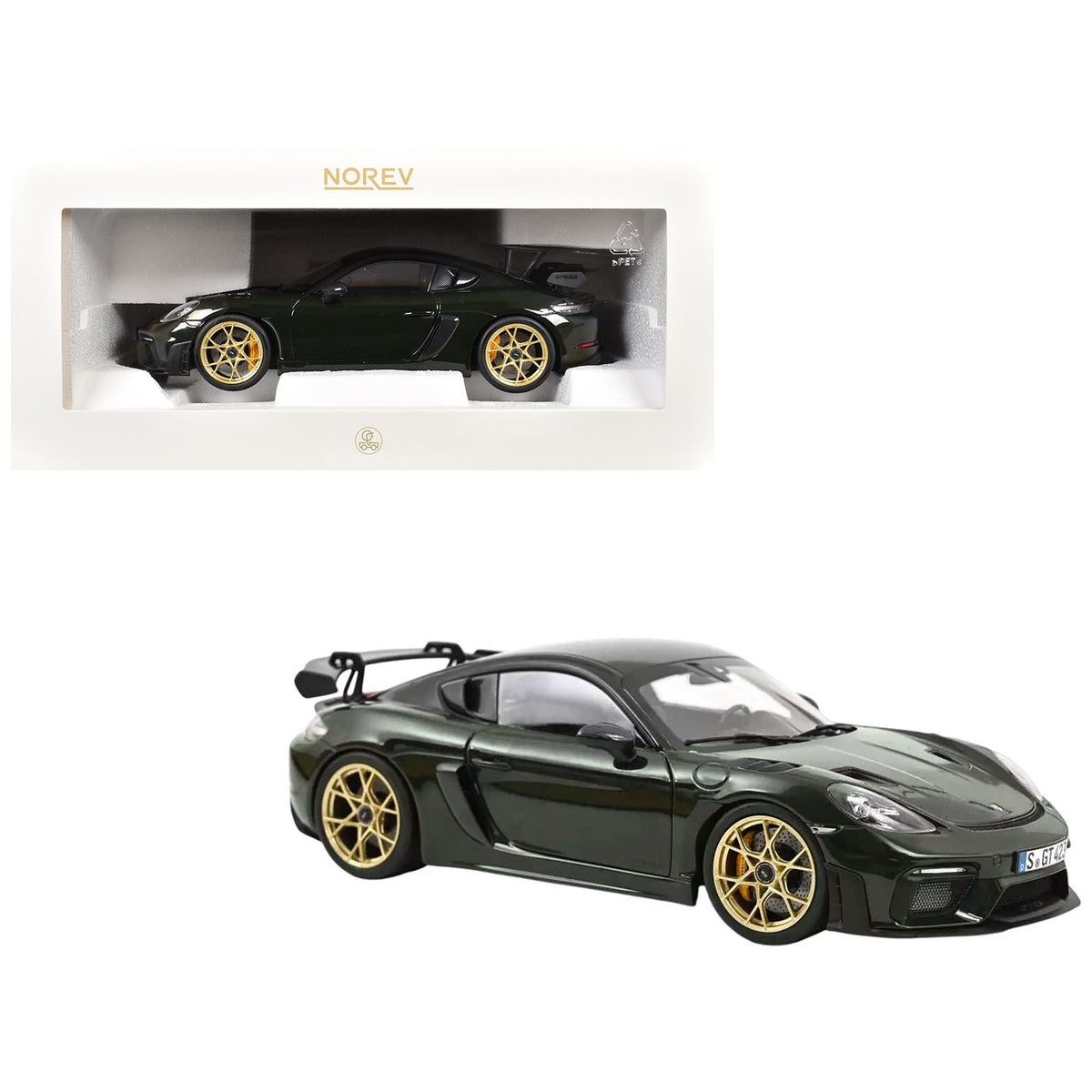 2023 Porsche Cayman GT4 RS Weissach Pack Brewster Green with Carbon Hood 1/18 Diecast Model Car by Norev-Norev-ModelCars.com