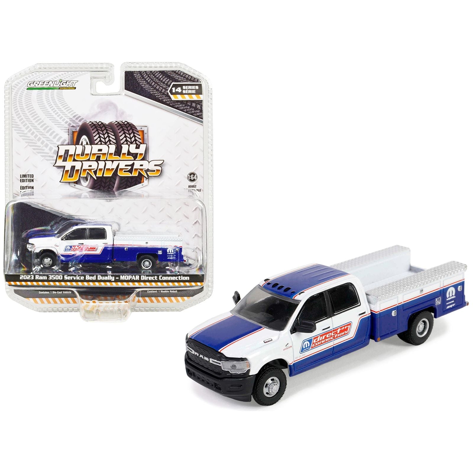 2023 Ram 3500 Service Bed Dually Pickup Truck White and Blue "Mopar Direct Connection" "Dually Drivers" Series 14 1/64 Diecast Model Car by Greenlight - Greenlight - ModelCars.com