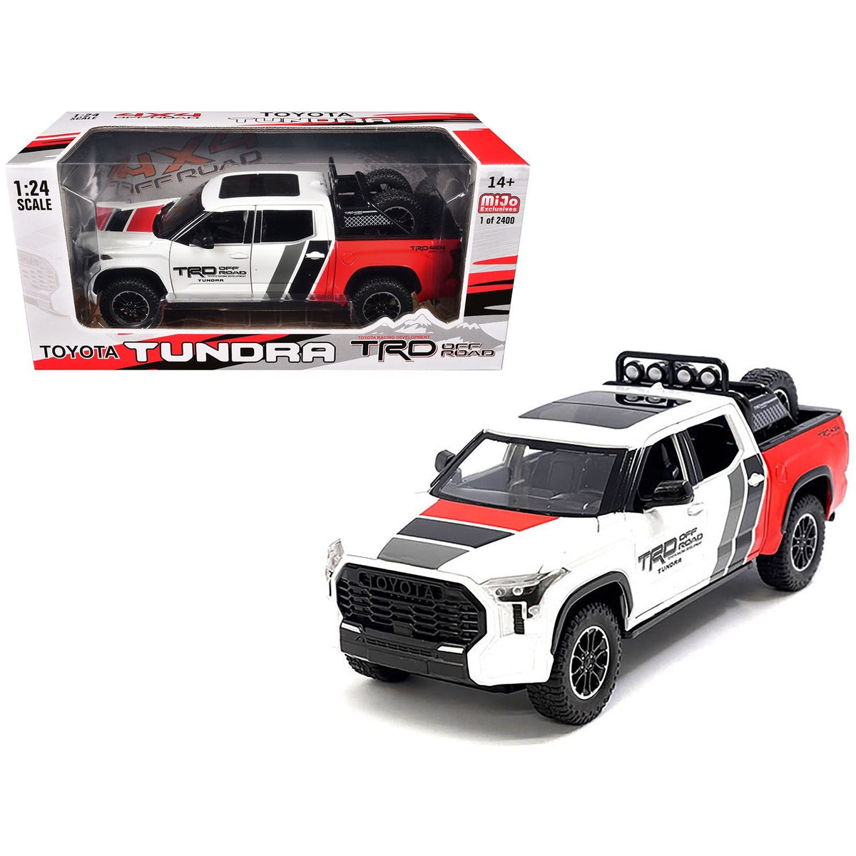 2023 Toyota Tundra TRD 4x4 Pickup Truck White and Red with Black and Gray Stripes with Sunroof and Wheel Rack Limited Edition to 2400 pieces Worldwide 1/24 Diecast Model Car-Other-ModelCars.com