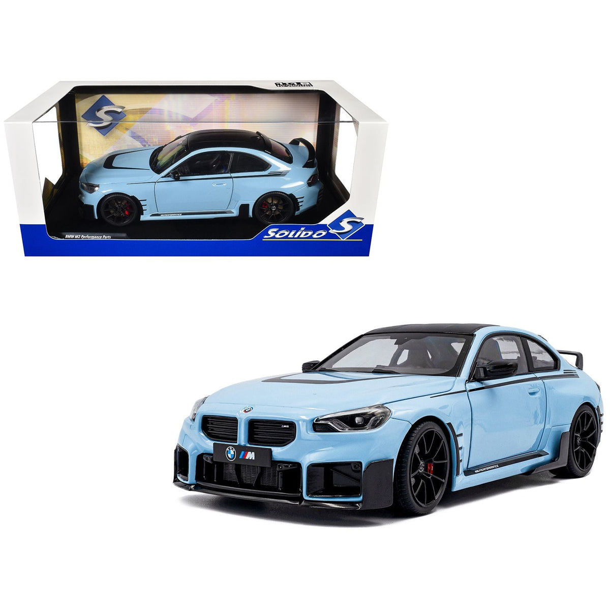 2024 BMW M2 Performance Parts Zandvoort Blue with Carbon Top and Black Stripes 1/18 Diecast Model Car by Solido-Solido-ModelCars.com