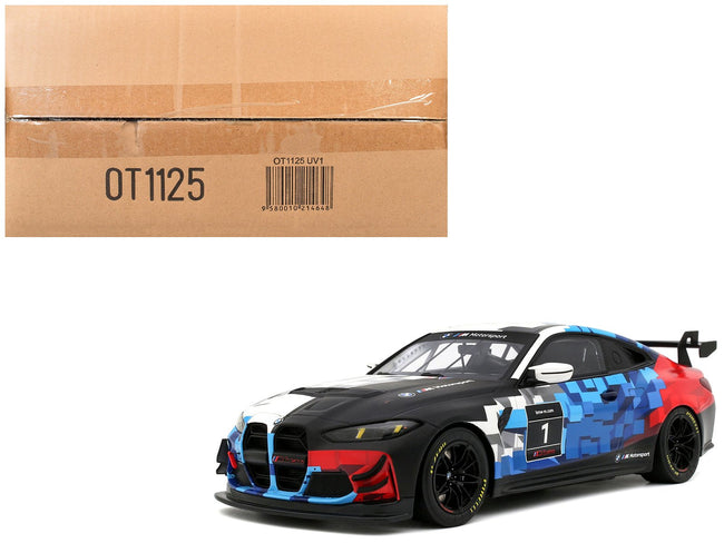 2024 BMW M4 GT4 1 "M Motorsport Livery" Black and White with Red and Blue Graphics Limited Edition to 999 pieces Worldwide 1/18 Model Car by Otto Mobile-Otto Mobile-ModelCars.com