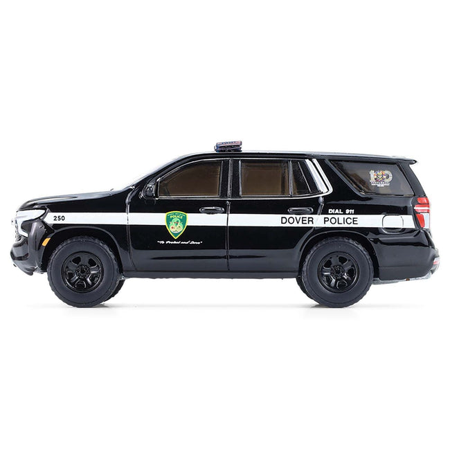 2024 Chevrolet Tahoe Police Pursuit Vehicle "Dover Police â€“ 100th Anniversary Edition" Black with White Stripes "Hobby Exclusive" Series 1/64 Diecast Model Car by Greenlight-Greenlight-ModelCars.com