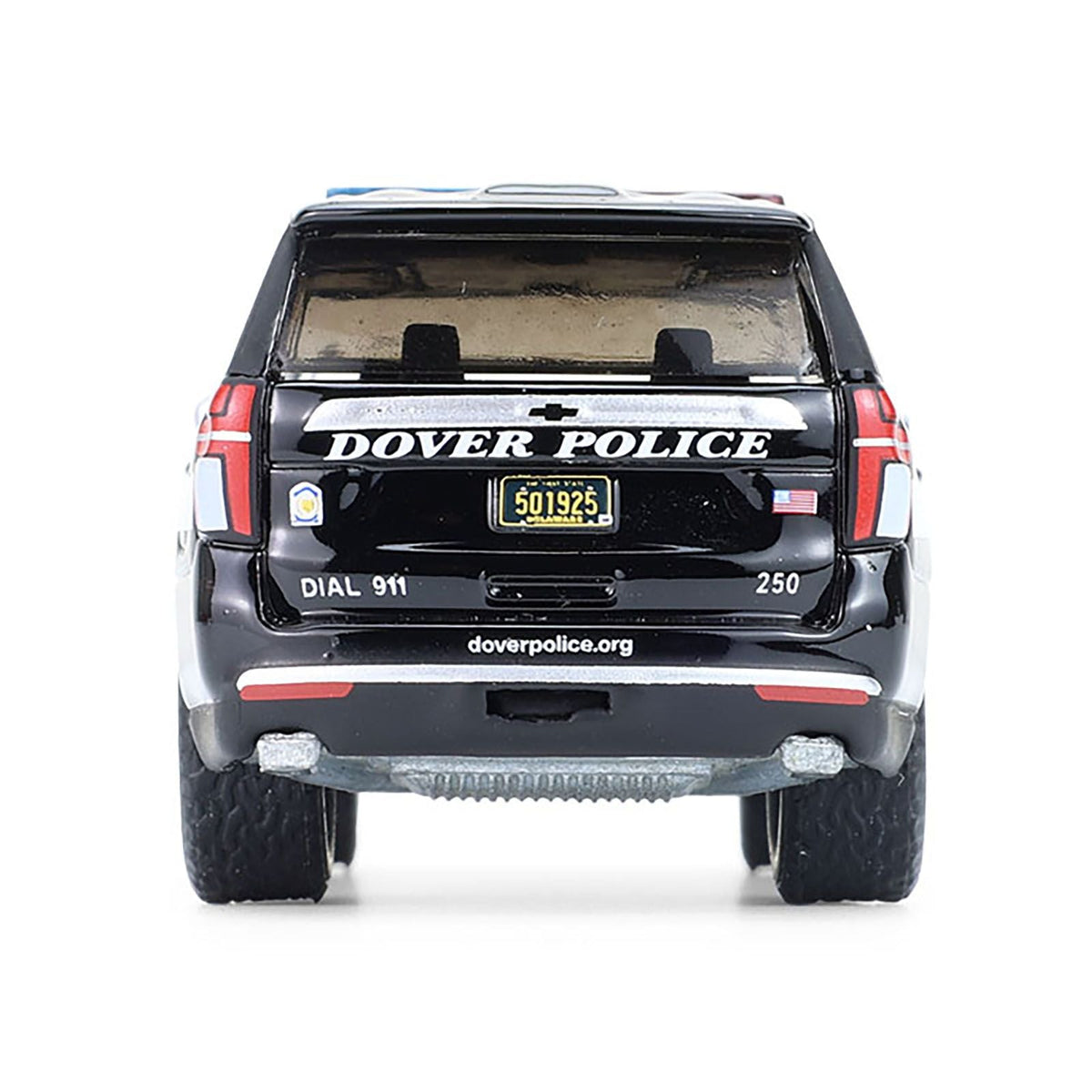 2024 Chevrolet Tahoe Police Pursuit Vehicle "Dover Police â€“ 100th Anniversary Edition" Black with White Stripes "Hobby Exclusive" Series 1/64 Diecast Model Car by Greenlight-Greenlight-ModelCars.com