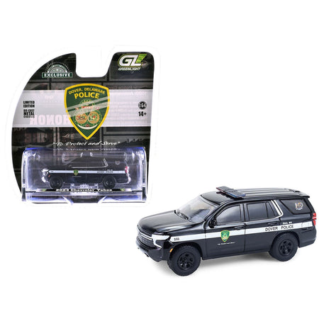 2024 Chevrolet Tahoe Police Pursuit Vehicle "Dover Police â€“ 100th Anniversary Edition" Black with White Stripes "Hobby Exclusive" Series 1/64 Diecast Model Car by Greenlight-Greenlight-ModelCars.com