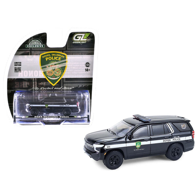 2024 Chevrolet Tahoe Police Pursuit Vehicle "Dover Police â€“ 100th Anniversary Edition" Black with White Stripes "Hobby Exclusive" Series 1/64 Diecast Model Car by Greenlight-Greenlight-ModelCars.com