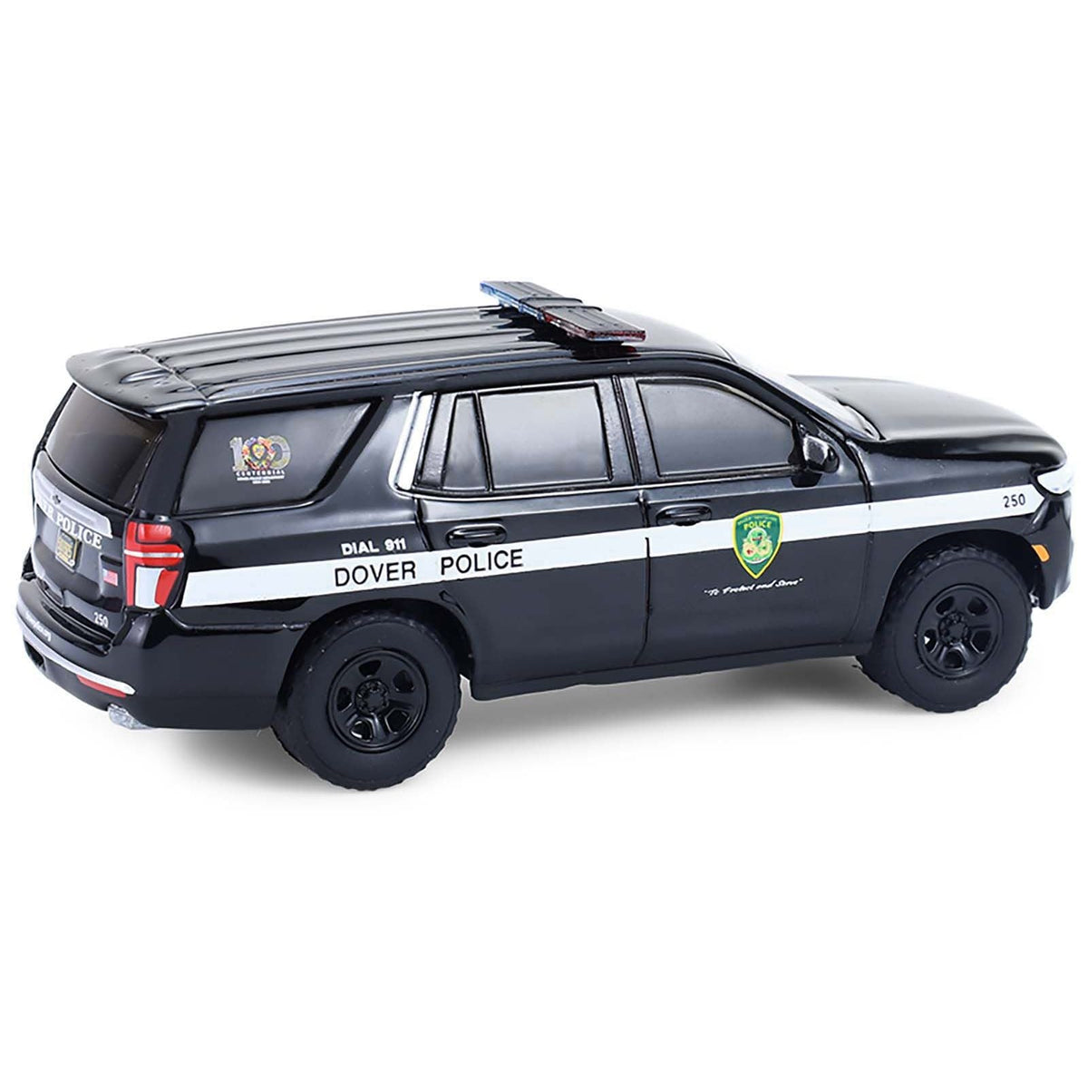 2024 Chevrolet Tahoe Police Pursuit Vehicle "Dover Police â€“ 100th Anniversary Edition" Black with White Stripes "Hobby Exclusive" Series 1/64 Diecast Model Car by Greenlight-Greenlight-ModelCars.com