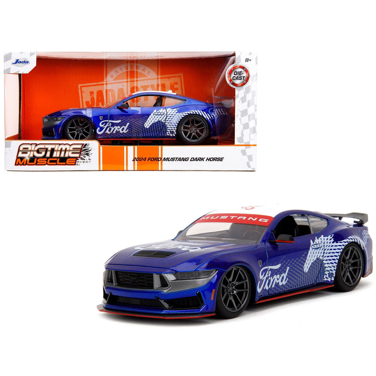 2024 Ford Mustang Dark Horse Candy Blue with White Top and "Mustang Horse Graphics" "Bigtime Muscle" Series 1/24 Diecast Model Car by Jada-Jada-ModelCars.com