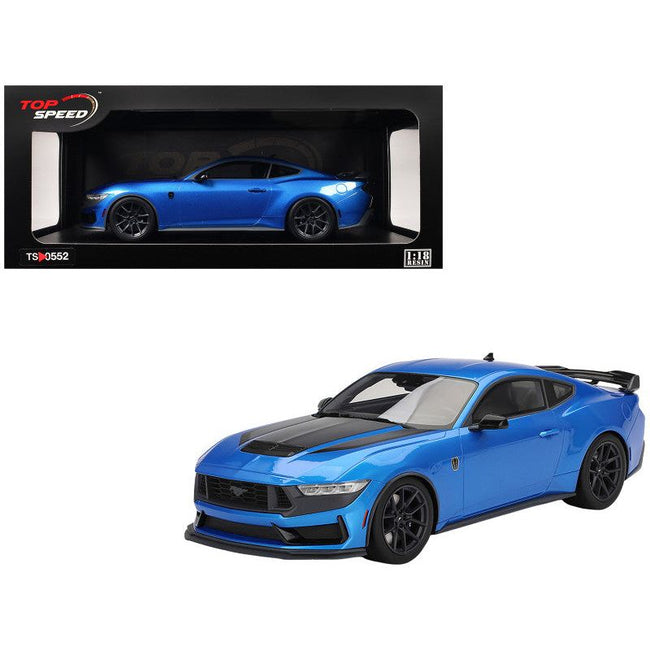 2024 Ford Mustang Dark Horse Grabber Blue Metallic with Black Hood Stripes 1/18 Model Car by Top Speed-Top Speed-ModelCars.com