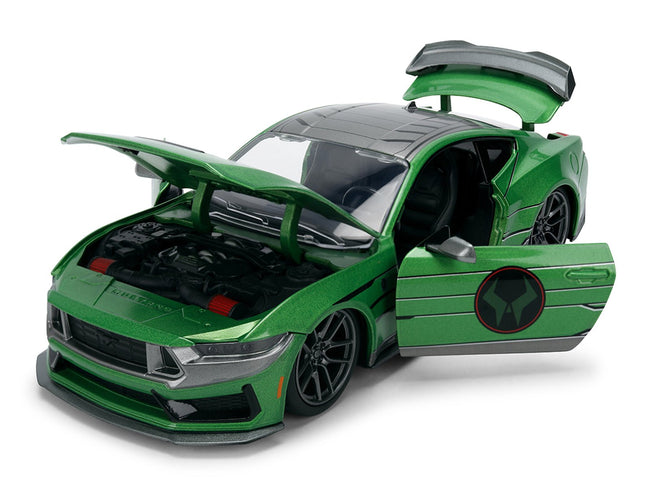 2024 Ford Mustang Dark Horse Green Metallic with Gray Top and Graphic with Doctor Doom Diecast Figure "Marvel's Doctor Doom" Character "Hollywood Rides" Series 1/24 Diecast Model Car by Jada-Jada-ModelCars.com