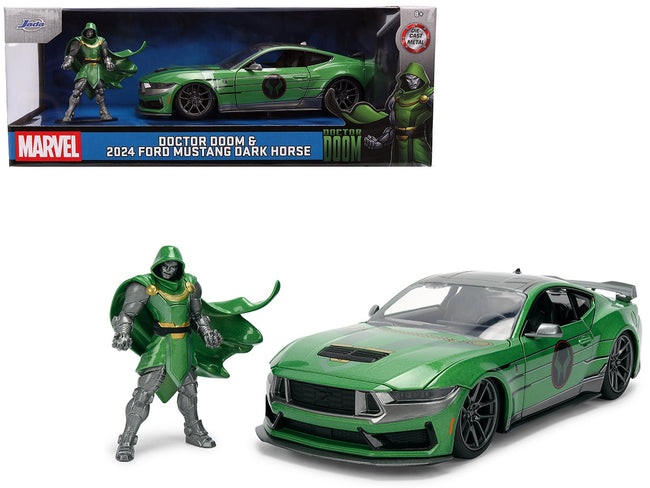 2024 Ford Mustang Dark Horse Green Metallic with Gray Top and Graphic with Doctor Doom Diecast Figure "Marvel's Doctor Doom" Character "Hollywood Rides" Series 1/24 Diecast Model Car by Jada-Jada-ModelCars.com