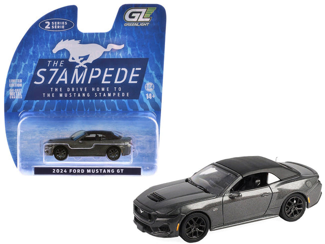 2024 Ford Mustang GT 5.0 Convertible Dark Matter Gray Metallic with Black Soft Top "Stampede" Series 2 1/64 Diecast Model Car by Greenlight-Greenlight-ModelCars.com