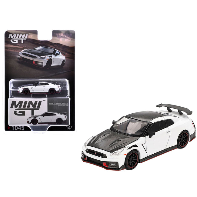 2024 Nissan GT-R Nismo (R35) Brilliant White Pearl with Carbon Hood and Top Limited Edition 1/64 Diecast Model Car by Mini GT-Mini GT-ModelCars.com