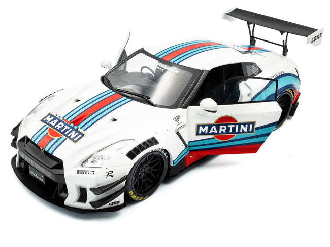 2024 Nissan GT-R (R35) RHD (Right Hand Drive) with Liberty Walk 2.0 Body Kit "Martini Racing" White with Stripes 1/18 Diecast Model Car by Solido-Solido-ModelCars.com