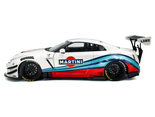 2024 Nissan GT-R (R35) RHD (Right Hand Drive) with Liberty Walk 2.0 Body Kit "Martini Racing" White with Stripes 1/18 Diecast Model Car by Solido-Solido-ModelCars.com