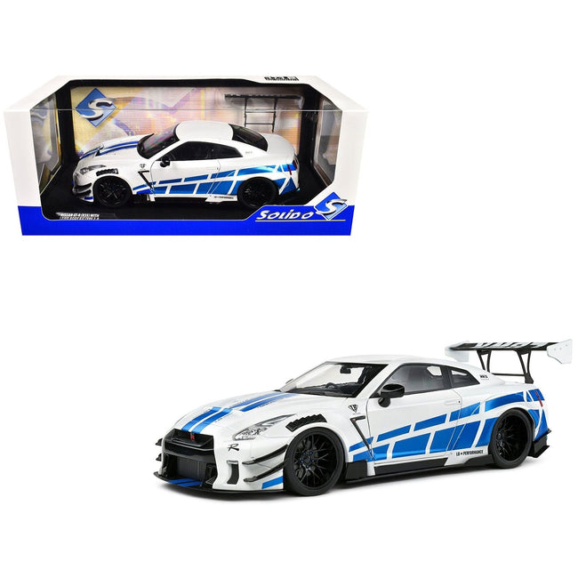 2024 Nissan GT-R (R35) RHD (Right Hand Drive) with Liberty Walk 2.0 Body Kit White Metallic with Blue Stripes "For Paul Tribute" 1/18 Diecast Model Car by Solido-Solido-ModelCars.com