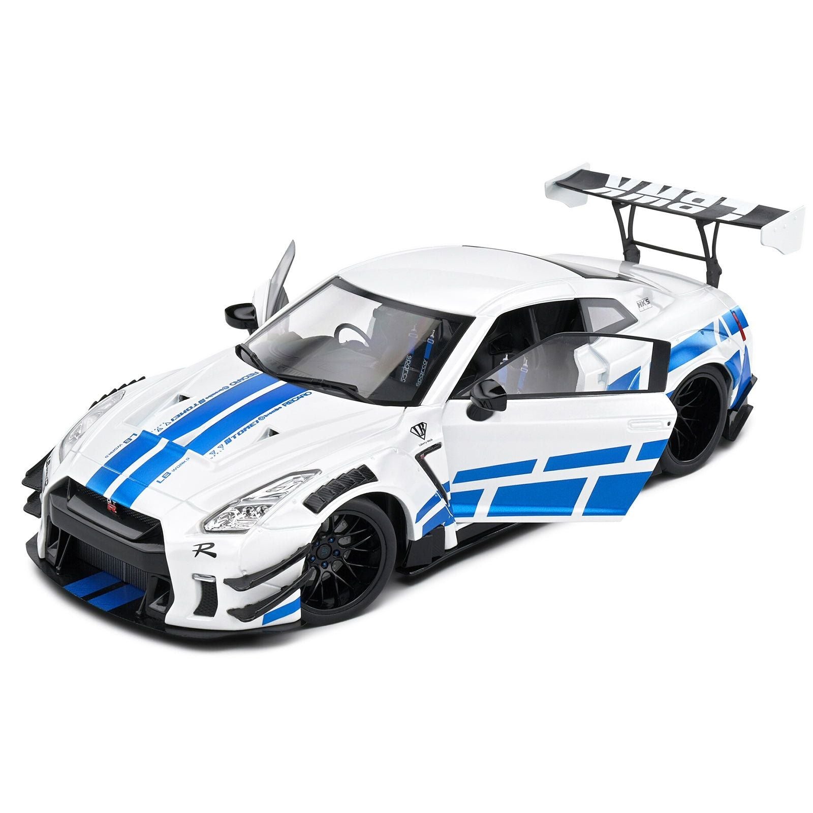 2024 Nissan GT - R (R35) RHD (Right Hand Drive) with Liberty Walk 2.0 Body Kit White Metallic with Blue Stripes "For Paul Tribute" 1/18 Diecast Model Car by Solido - Solido - ModelCars.com