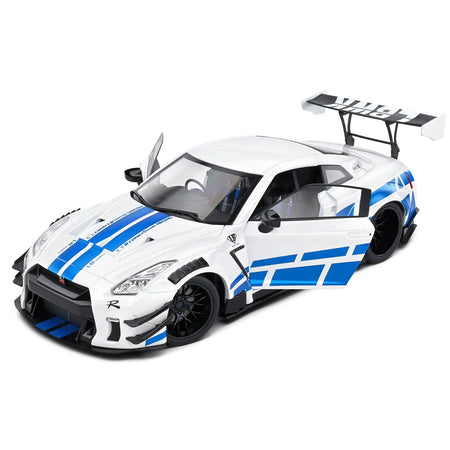 2024 Nissan GT - R (R35) RHD (Right Hand Drive) with Liberty Walk 2.0 Body Kit White Metallic with Blue Stripes "For Paul Tribute" 1/18 Diecast Model Car by Solido - Solido - ModelCars.com