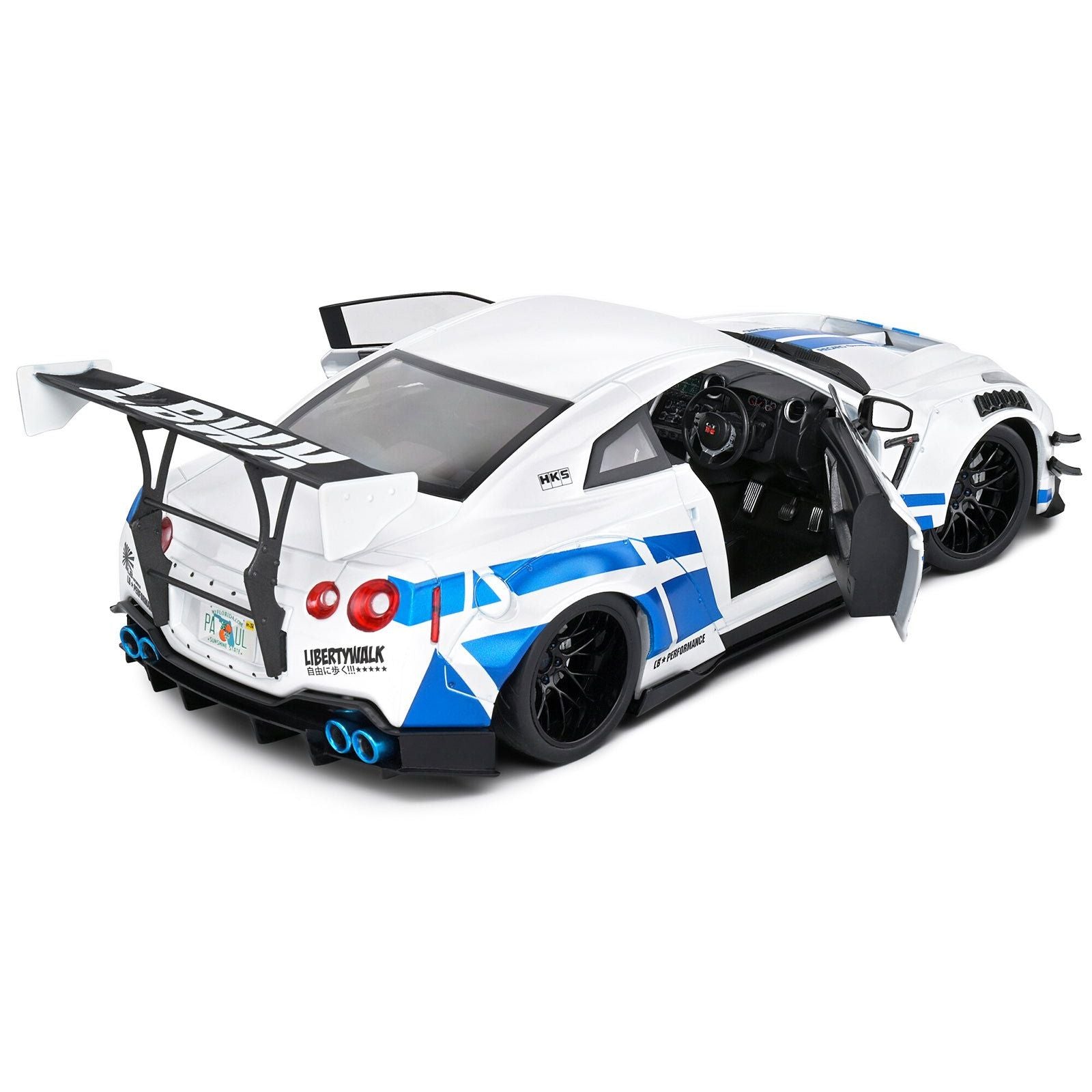 2024 Nissan GT - R (R35) RHD (Right Hand Drive) with Liberty Walk 2.0 Body Kit White Metallic with Blue Stripes "For Paul Tribute" 1/18 Diecast Model Car by Solido - Solido - ModelCars.com
