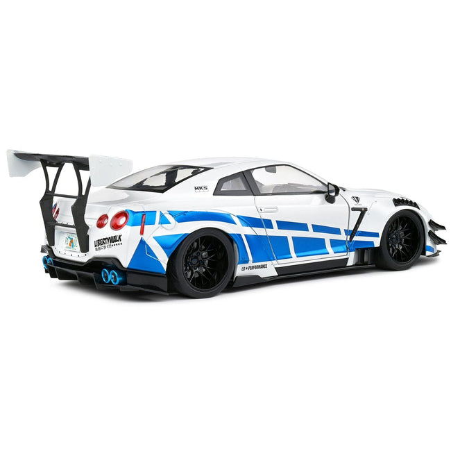 2024 Nissan GT-R (R35) RHD (Right Hand Drive) with Liberty Walk 2.0 Body Kit White Metallic with Blue Stripes "For Paul Tribute" 1/18 Diecast Model Car by Solido-Solido-ModelCars.com