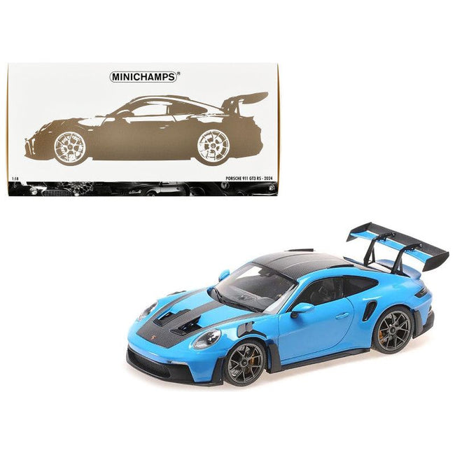 2024 Porsche 911 (992) GT3 RS "Weissach Package" Blue with Carbon Top and Hood Stripes Limited Edition to 200 pieces Worldwide 1/18 Diecast Model Car by Minichamps-Minichamps-ModelCars.com