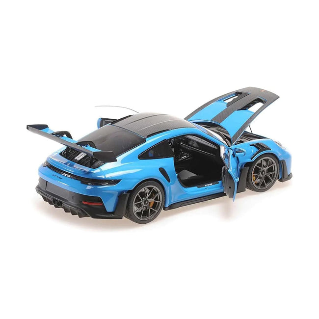 2024 Porsche 911 (992) GT3 RS "Weissach Package" Blue with Carbon Top and Hood Stripes Limited Edition to 200 pieces Worldwide 1/18 Diecast Model Car by Minichamps-Minichamps-ModelCars.com