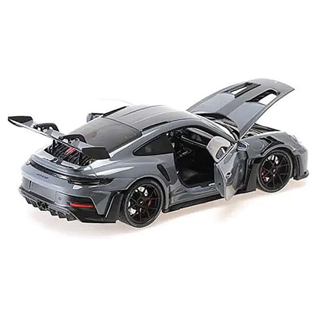 2024 Porsche 911 (992) GT3 RS "Weissach Package" Gray with Carbon Top and Hood Stripes Limited Edition to 200 pieces Worldwide 1/18 Diecast Model Car by Minichamps-Minichamps-ModelCars.com