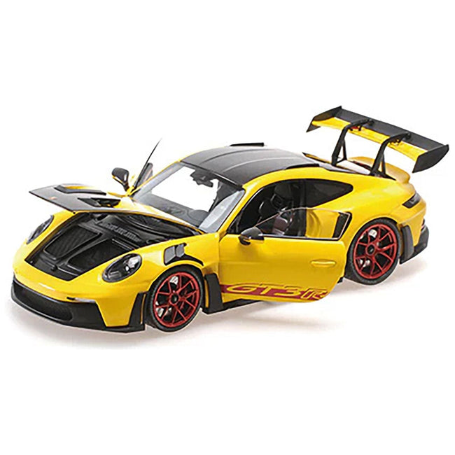 2024 Porsche 911 (992) GT3 RS "Weissach Package" Yellow with Carbon Top and Hood Stripes Limited Edition to 400 pieces Worldwide 1/18 Diecast Model Car by Minichamps-Minichamps-ModelCars.com