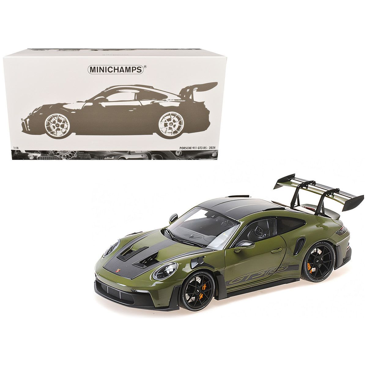 2024 Porsche 911 GT3 RS Nato Olive with Carbon Top and Hood Stripes Limited Edition to 400 pieces Worldwide 1/18 Diecast Model Car by Minichamps - Minichamps - ModelCars.com