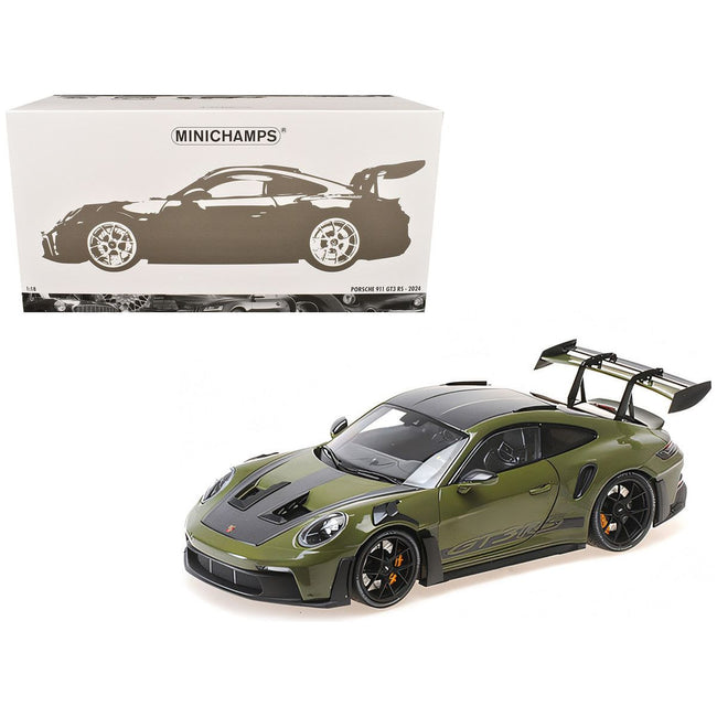 2024 Porsche 911 GT3 RS Nato Olive with Carbon Top and Hood Stripes Limited Edition to 400 pieces Worldwide 1/18 Diecast Model Car by Minichamps - Minichamps - ModelCars.com