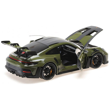 2024 Porsche 911 GT3 RS Nato Olive with Carbon Top and Hood Stripes Limited Edition to 400 pieces Worldwide 1/18 Diecast Model Car by Minichamps - Minichamps - ModelCars.com