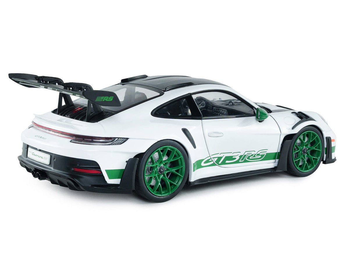 2024 Porsche 911 GT3 RS "Tribute to Carrera RS Package" White with Carbon Hood Stripes and Top and Green Side Stripes and Wheels 1/18 Diecast Model Car by Solido-Solido-ModelCars.com