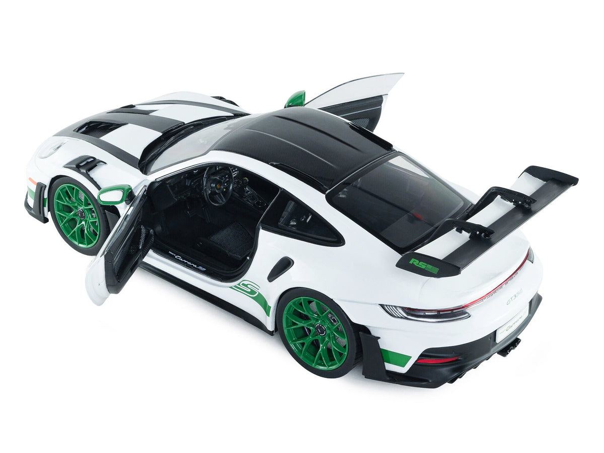 2024 Porsche 911 GT3 RS "Tribute to Carrera RS Package" White with Carbon Hood Stripes and Top and Green Side Stripes and Wheels 1/18 Diecast Model Car by Solido-Solido-ModelCars.com