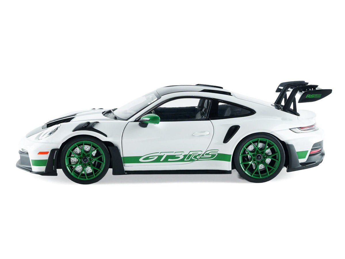 2024 Porsche 911 GT3 RS "Tribute to Carrera RS Package" White with Carbon Hood Stripes and Top and Green Side Stripes and Wheels 1/18 Diecast Model Car by Solido-Solido-ModelCars.com