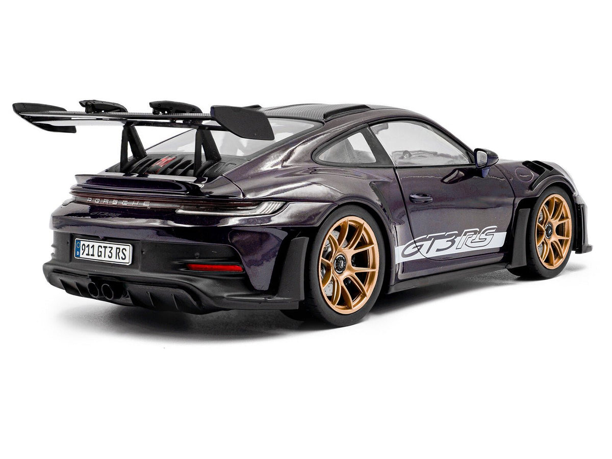 2024 Porsche 911 GT3 RS Weissach Package Viola Purple Metallic with Carbon Hood Stripes and Top 1/18 Diecast Model Car by Solido-Solido-ModelCars.com
