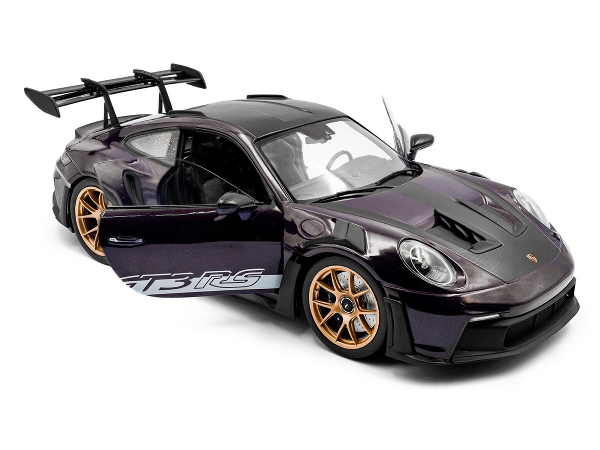 2024 Porsche 911 GT3 RS Weissach Package Viola Purple Metallic with Carbon Hood Stripes and Top 1/18 Diecast Model Car by Solido-Solido-ModelCars.com