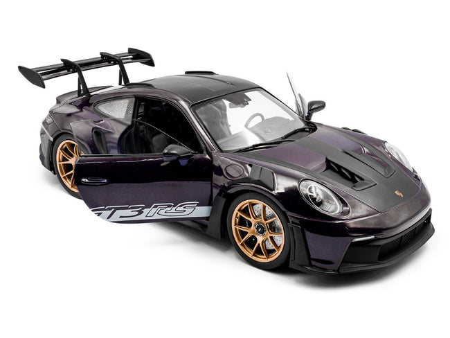 2024 Porsche 911 GT3 RS Weissach Package Viola Purple Metallic with Carbon Hood Stripes and Top 1/18 Diecast Model Car by Solido-Solido-ModelCars.com
