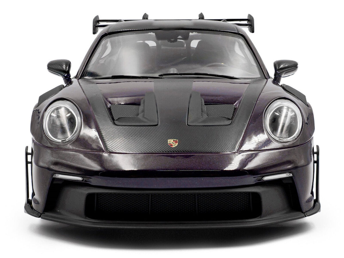 2024 Porsche 911 GT3 RS Weissach Package Viola Purple Metallic with Carbon Hood Stripes and Top 1/18 Diecast Model Car by Solido-Solido-ModelCars.com