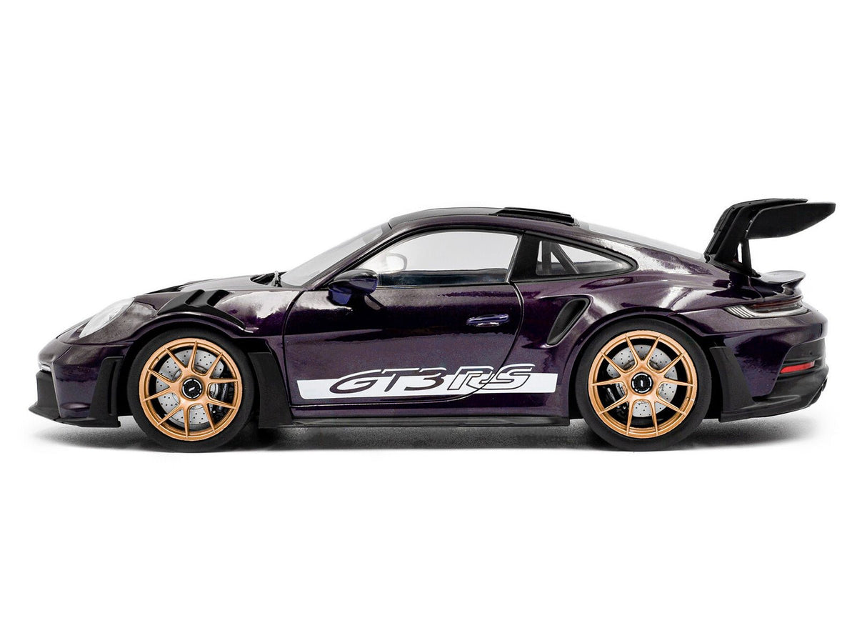 2024 Porsche 911 GT3 RS Weissach Package Viola Purple Metallic with Carbon Hood Stripes and Top 1/18 Diecast Model Car by Solido-Solido-ModelCars.com