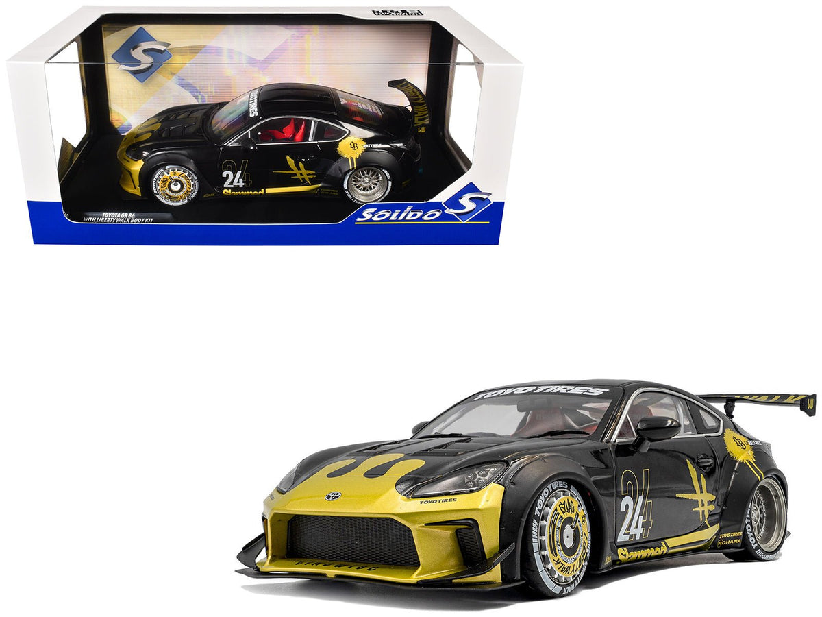 2024 Toyota GR86 Liberty Walk Body Kit RHD (Right Hand Drive) #24 Black with Gold Graphics 1/18 Diecast Model Car by Solido-Solido-ModelCars.com