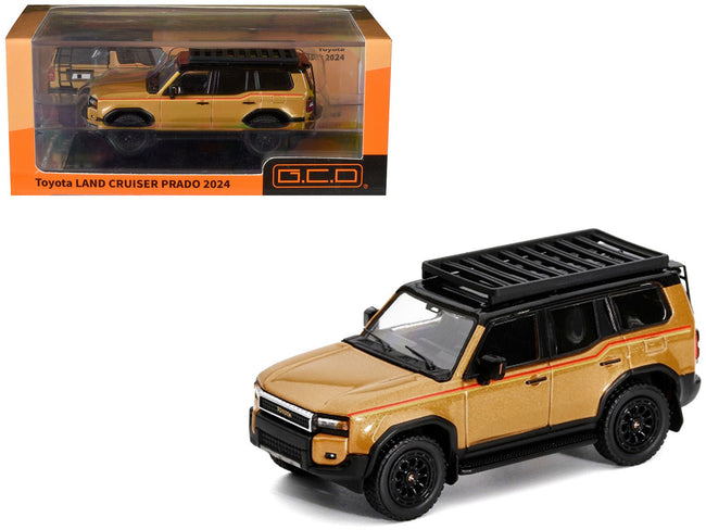 2024 Toyota Land Cruiser Prado Gold Metallic with Red Stripes and Roof Rack 1/64 Diecast Model Car by GCD-GCD-ModelCars.com