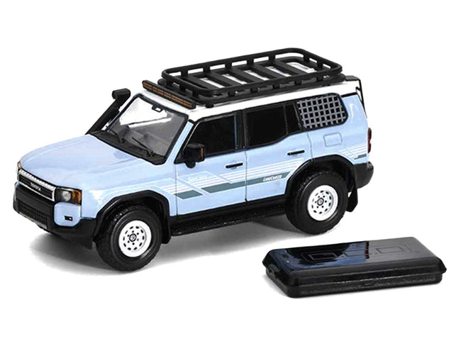 2024 Toyota Land Cruiser Prado Light Blue with White Top and Stripes with Roof Rack and Accessory 1/64 Diecast Model Car by GCD-GCD-ModelCars.com