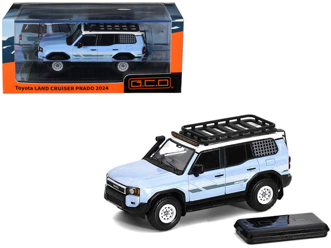 2024 Toyota Land Cruiser Prado Light Blue with White Top and Stripes with Roof Rack and Accessory 1/64 Diecast Model Car by GCD-GCD-ModelCars.com