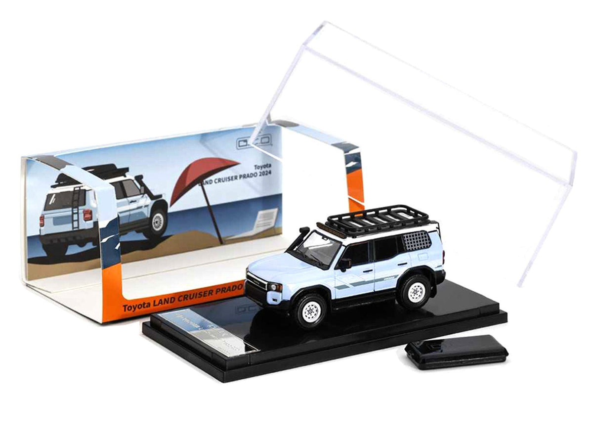 2024 Toyota Land Cruiser Prado Light Blue with White Top and Stripes with Roof Rack and Accessory 1/64 Diecast Model Car by GCD-GCD-ModelCars.com