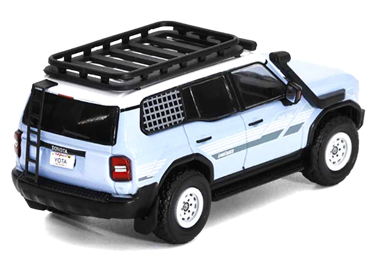 2024 Toyota Land Cruiser Prado Light Blue with White Top and Stripes with Roof Rack and Accessory 1/64 Diecast Model Car by GCD-GCD-ModelCars.com