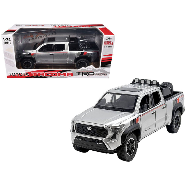 2024 Toyota Tacoma TRD Off Road Edition Pickup Truck Silver Metallic with TRD Stripes with Sunroof and Wheel Rack Limited Edition to 2400 pieces Worldwide 1/24 Diecast Model Car-Other-ModelCars.com