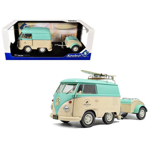2024 Volkswagen Cool Combi Van with Trailer "Long Beach Surfing Club" Mint Green and Cream with Roof Rack and Surfboard 1/18 Diecast Model Car by Solido